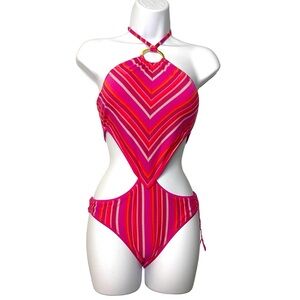 Trina Turk Pink and Orange One Piece Swimsuit with Modern Cutouts